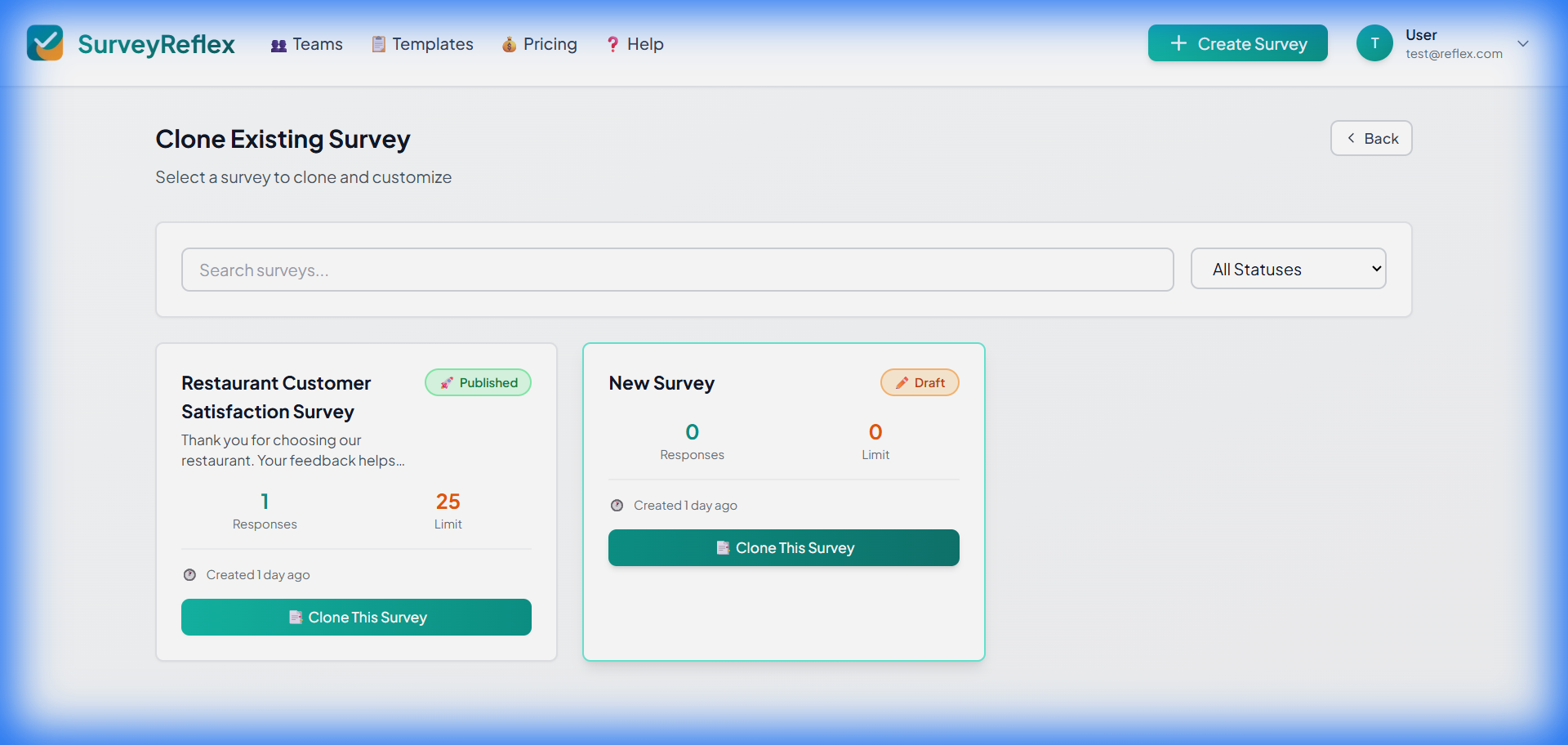 Survey selection list