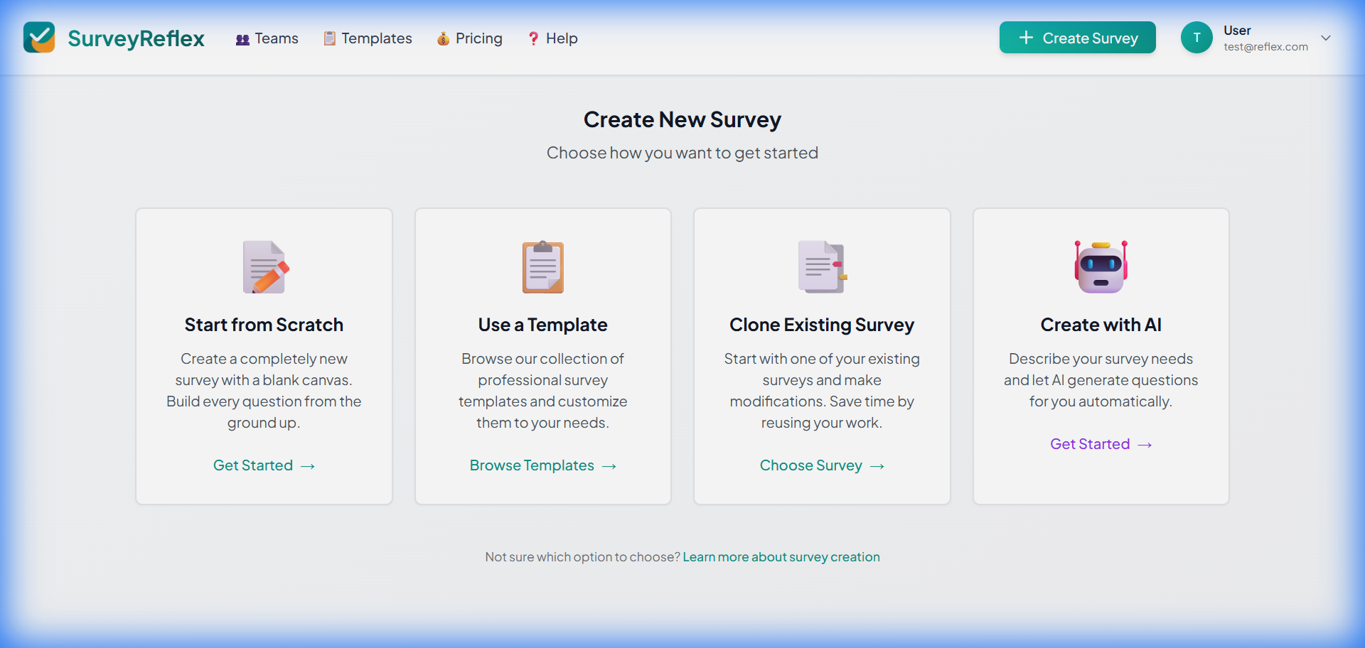Survey creation options page