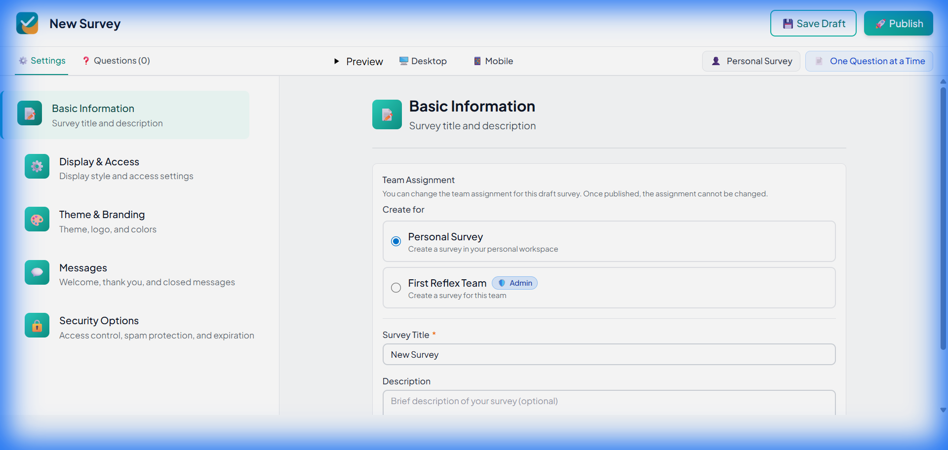 Survey title and description form